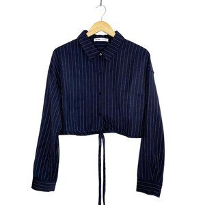 NEW Elodie Black Pinstripe Cropped Button Down Shirt with Tie Waist Size XL